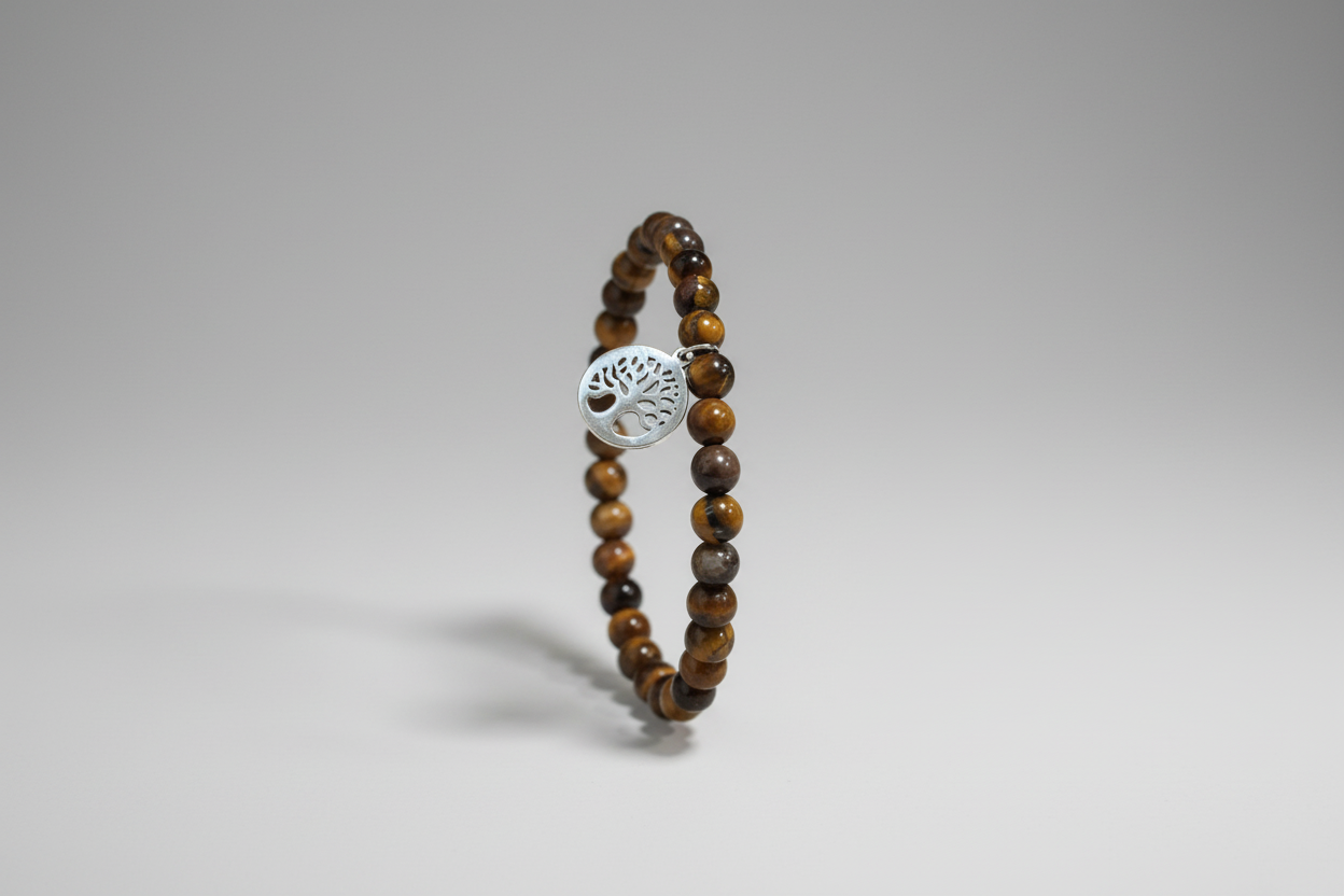 Pulsera de cuentas piedra ojo de tigre y dije árbo. IVA incluidol