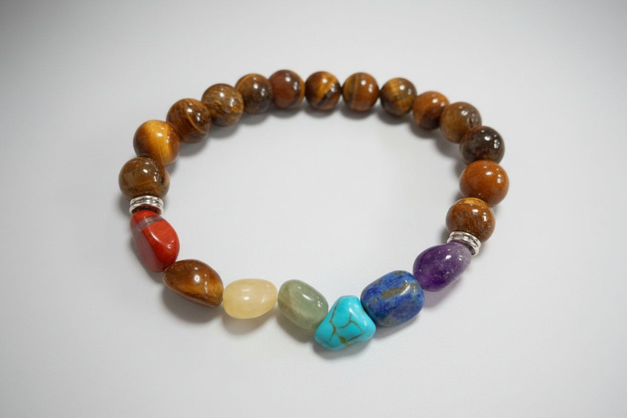 Pulsera chakras colores y ojo de tigre. IVA incluido