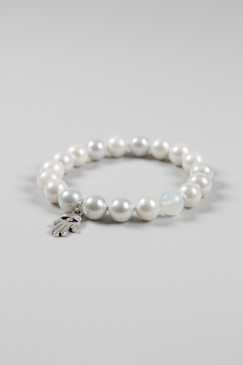 Pulsera de cuentas aperlada con mano de Fátima ( Diseño de Lubelia ). IVA incluido