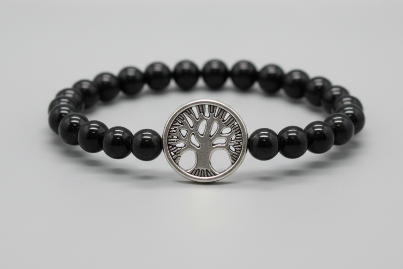 Pulsera de cuentas piedra Obsidiana con árbol. IVA incluido