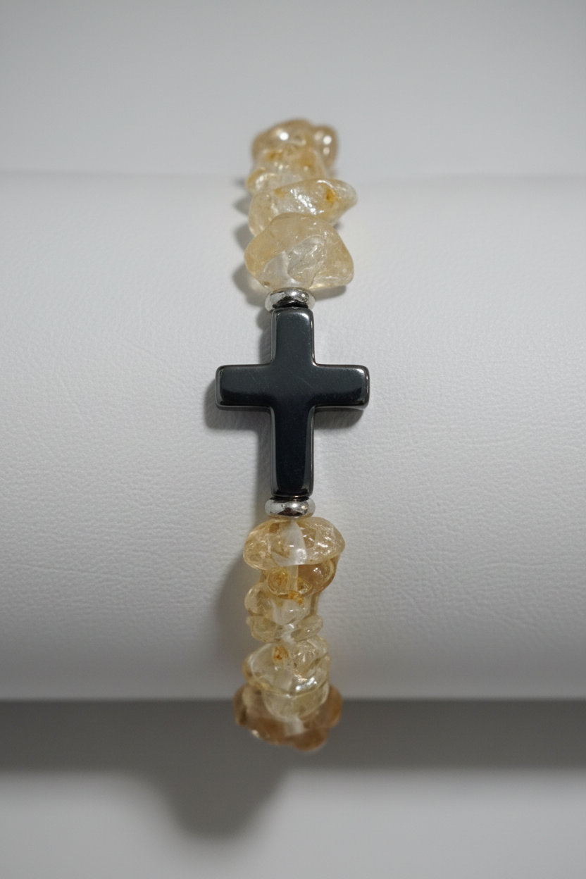 Pulsera de chips piedra citrino y cruz dde hematita ( Diseño de Lubelia )
