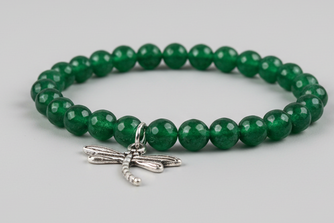 Pulsera de cuentas piedra Jade color verde con dije de libelula (diseño de Lubelia)