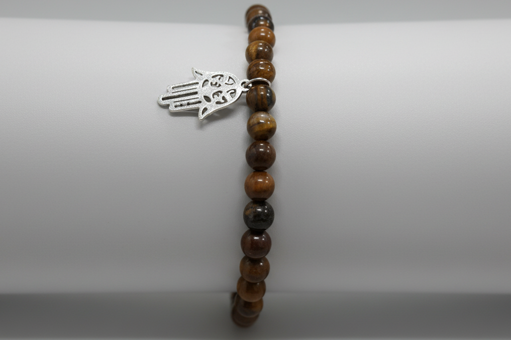 Pulsera de cuentas piedra ojo de tigre dije mano de Fátima. IVA incluido