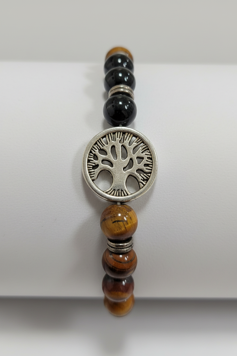 Pulsera de cuentas piedras de Obsidiana y ojo de tigre con árbol. IVA incluido