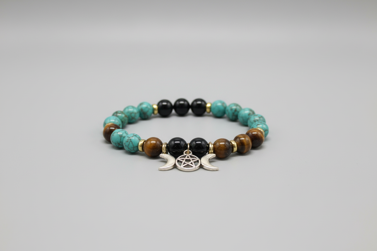 Pulsera de cuentas jaspe verde, ojo de tigre y simbolo tetragramatón ( Diseño de Lubelia )
