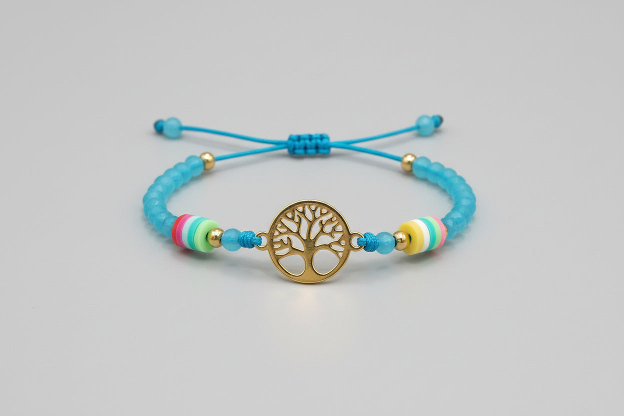Pulsera de cuentas azul turquesa con cierre cuerda y árbol. IVA incluido
