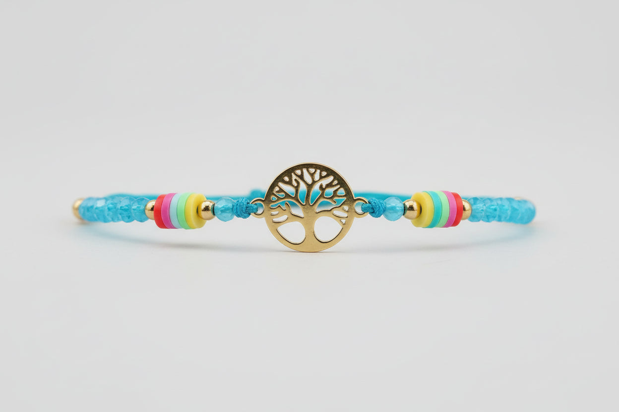 Pulsera de cuentas cristal azul cierre de cuerda y árbol. IVA incluido