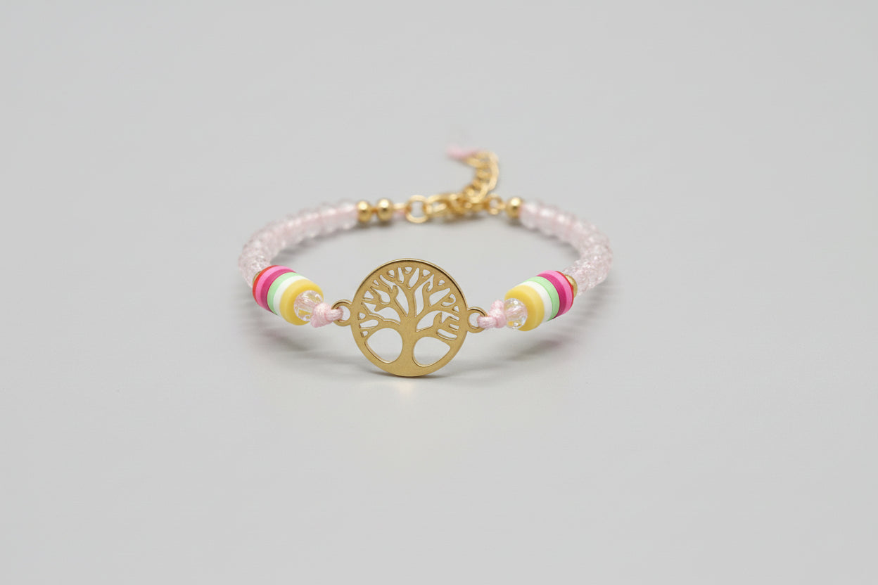 Pulsera de cuentas  cristal rosa  claro con cierre cuerda y dije árbol. IVA incluido