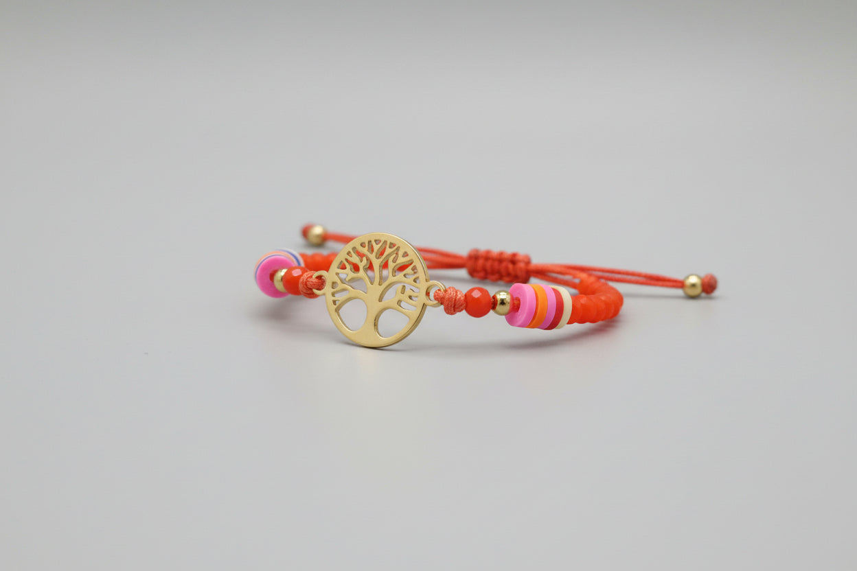 Pulsera de cuntas cristal naranja cierre de cuerda y árbol. IVA incluido
