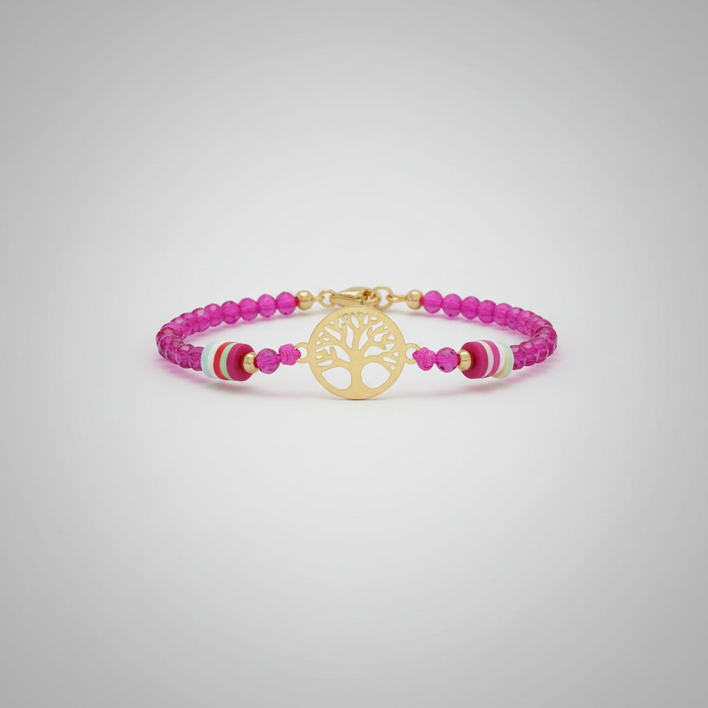Pulsera cuentas cristales rosas de cuerda rosa fucsia y árbol. IVA incluido