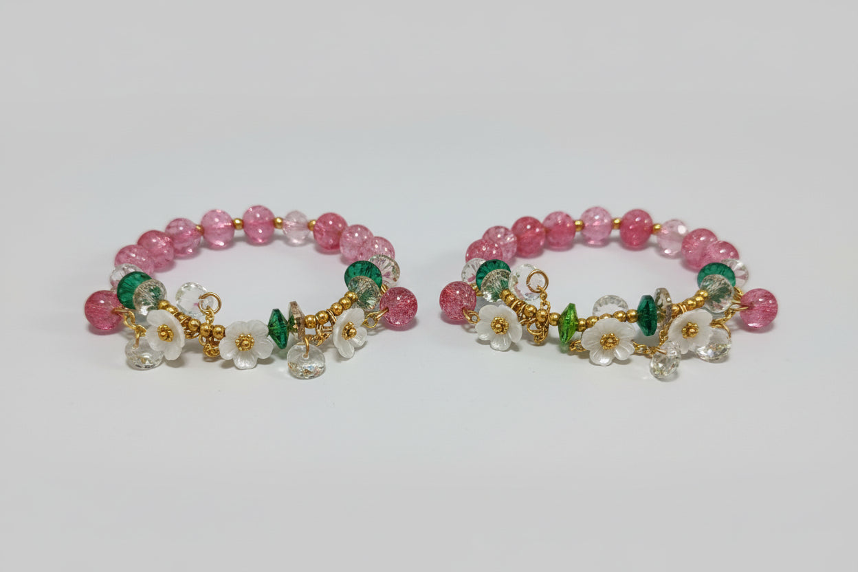 Pulsera de cuentas cristal rosa con flor. IVA incluido
