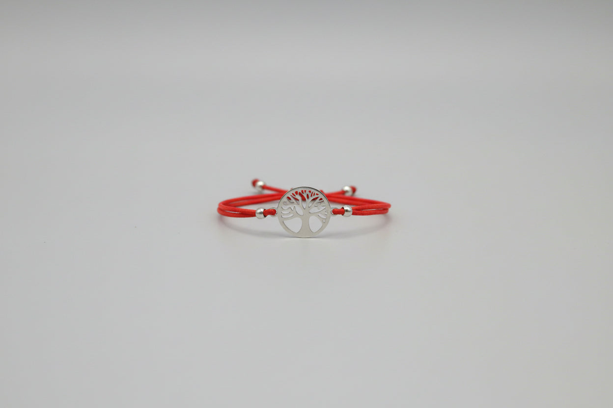Pulsera elástica roja con amuleto árbol