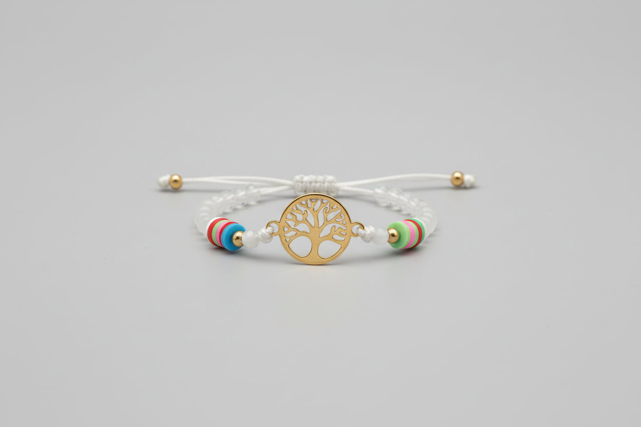Pulsera de cuentas cristales blanco con árbol. IVA incluido