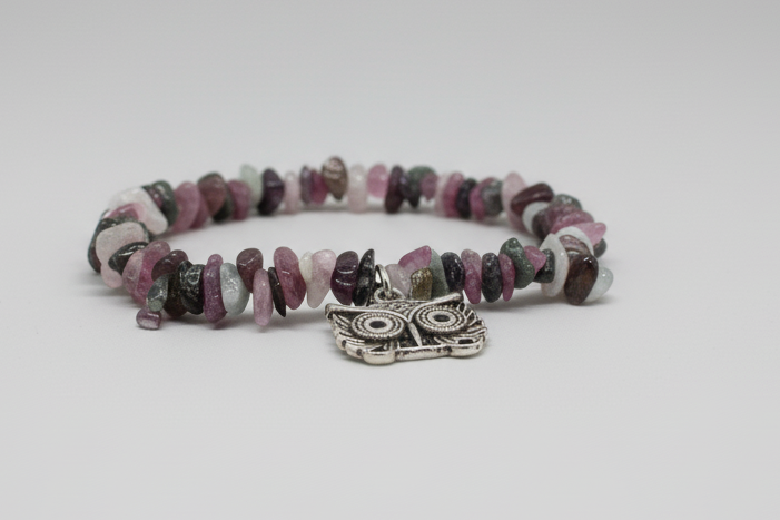 Pulsera chip con variedad de piedras y dije de búho(Diseño de Lubelia)