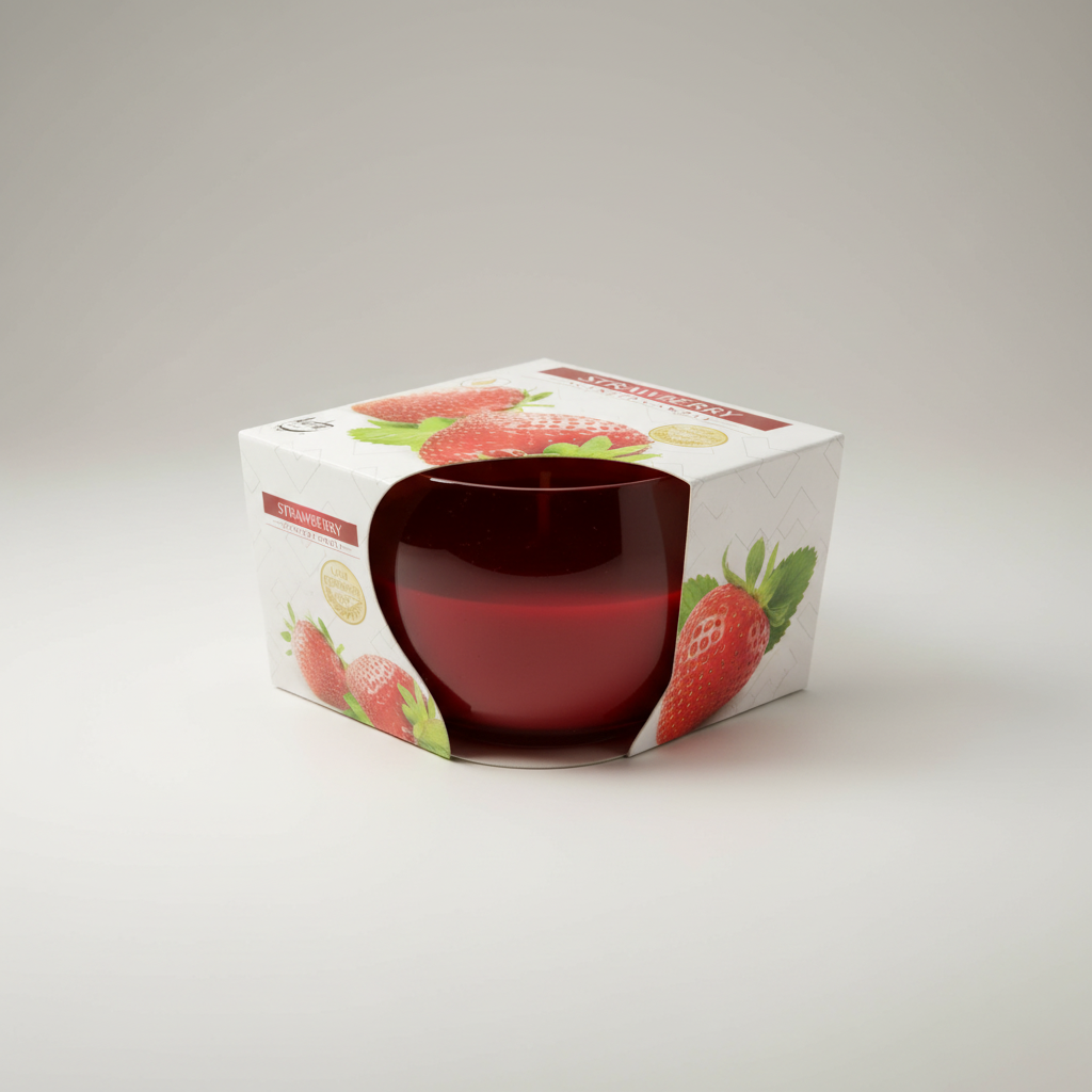 Vela en vaso de cristal, aroma fresa . IVA incluido.
